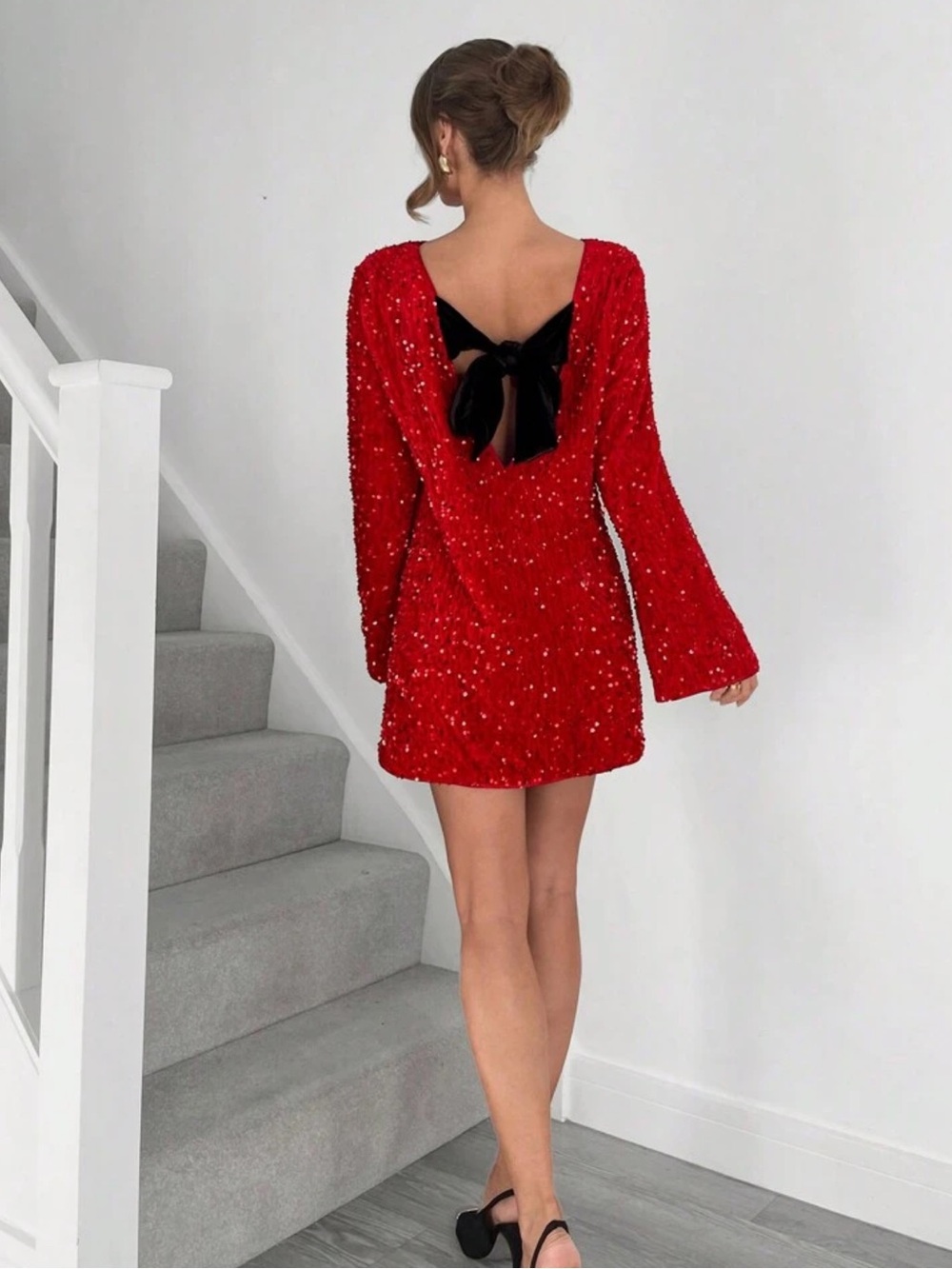 Siren Gaze Women's Sequin Embellished Loose Fit Boat Neck Long Sleeve Mini Dress - Picture 2 of 4